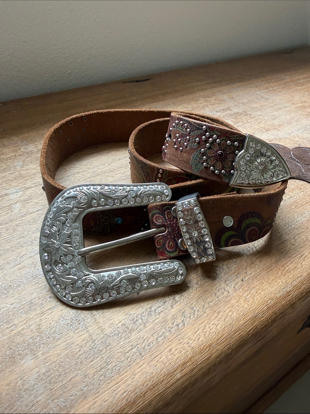 Embellished Brown Leather Western-Style Belt with Silver Buckle